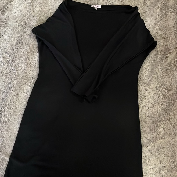 Black long sleeve dress L sleek stretch batwing LBD back seam retro chic Rũby - Picture 3 of 5